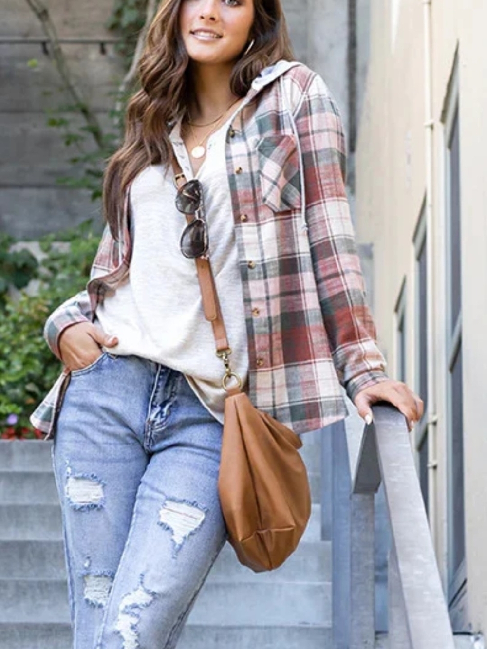 Grace & Lace Plaid Button-Down Hooded Shirt - Pink, Cream & Green